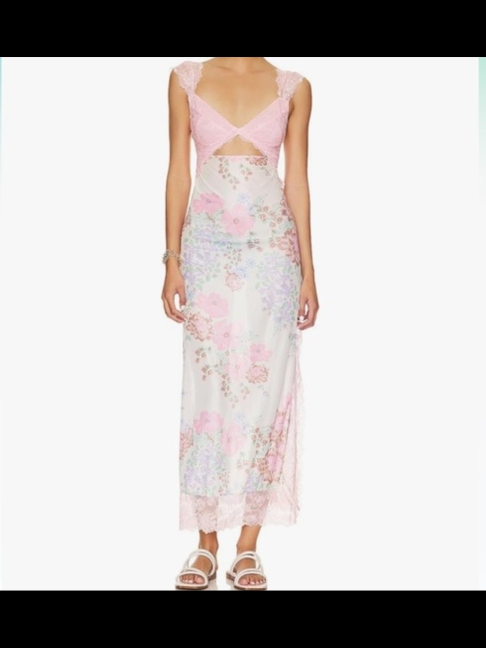 Free People Pink Floral "Suddenly Fine" Lace-Trim Slip Dress